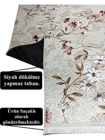 Elit Saçaklı Pembe Kahve Çiçekli Kabartmalı Kaymaz Taban Yıkanabilir Kesme Yolluk Halı