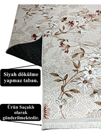 Elit Saçaklı Pembe Kahve Çiçekli Kabartmalı Kaymaz Taban Yıkanabilir Kesme Yolluk Halı