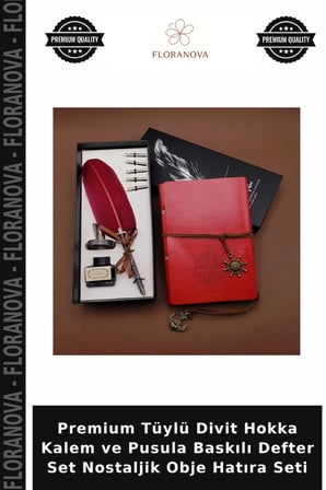Premium Tüylü Divit Hokka Kalem ve Pusula Baskılı Defter Set Nostaljik Obje Hatıra Seti