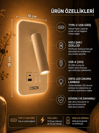 SCN LED Yatak Başı Aplik Okuma Lambası Type-C USB Hızlı Şarjlı Beyaz