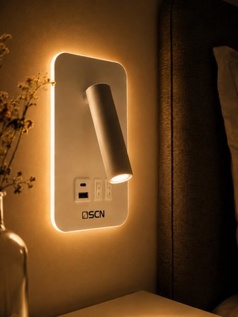 SCN LED Yatak Başı Aplik Okuma Lambası Type-C USB Hızlı Şarjlı Beyaz