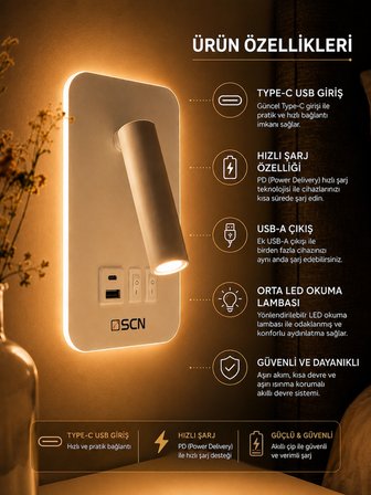 SCN LED Yatak Başı Aplik Okuma Lambası Type-C USB Hızlı Şarjlı Beyaz