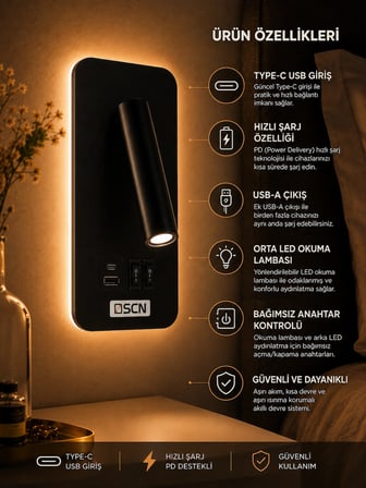 Yatak Başı Aplik Type-C USB Hızlı Şarjlı Siyah