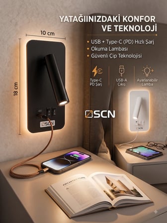 Yatak Başı Aplik Type-C USB Hızlı Şarjlı Siyah