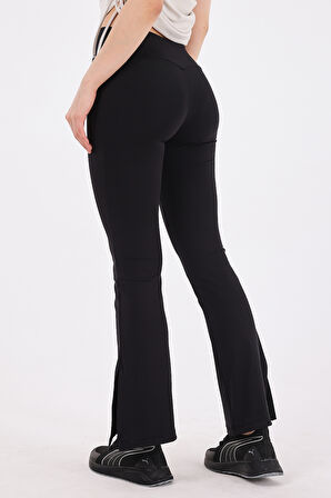 Scorp Ivy Kadın Yüksek Bel Yırtmaçlı Bol Paça Spor Tayt Siyah