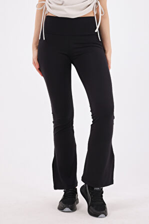 Scorp Ivy Kadın Yüksek Bel Yırtmaçlı Bol Paça Spor Tayt Siyah