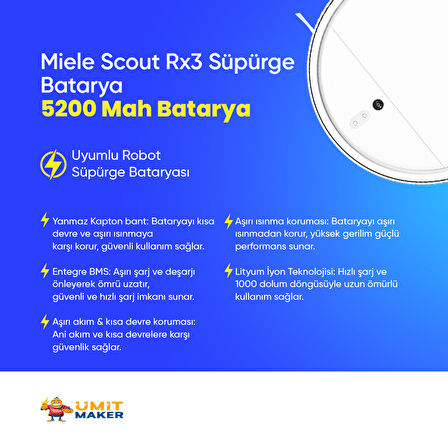 Miele Scout Rx3 Robot Süpürge 5200 mAh 14.4 V  Batarya – Orjinal Uyumlu Uzun Ömürlü, Yüksek Performans Pil