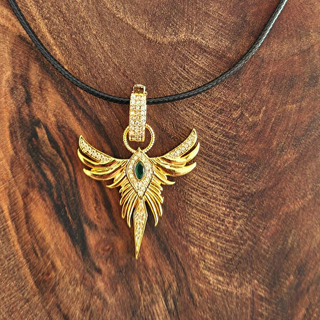 Çelik Anka Kuşu Yeşil Taşlı Gold Kadın Kolye