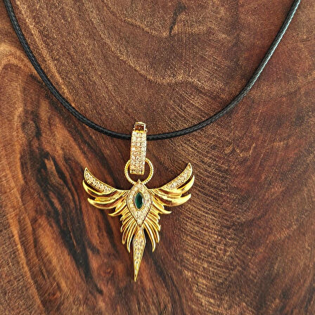Çelik Anka Kuşu Yeşil Taşlı Gold Kadın Kolye