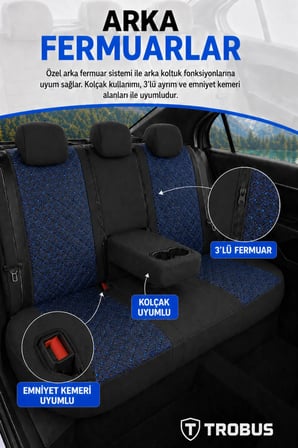 Dacia Logan 2004 ve Sonrası Araca Uyumlu Koton Kumaş Kapitone Bel Destekli Koltuk Kılıfı SoftCotton Serisi Mavi