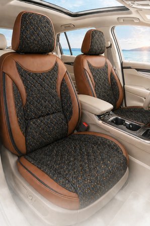 Hyundai Kona 2017 ve Sonrası Araca Uyumlu Koton Kumaş Kapitone Bel Destekli Koltuk Kılıfı SoftCotton Serisi Taba
