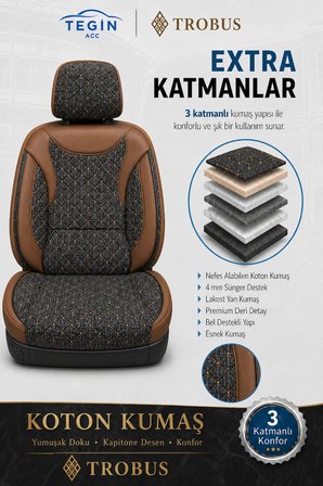 Hyundai Kona 2017 ve Sonrası Araca Uyumlu Koton Kumaş Kapitone Bel Destekli Koltuk Kılıfı SoftCotton Serisi Taba