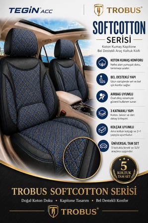 Opel Crossland 2017 ve Sonrası Araca Uyumlu Koton Kumaş Kapitone Bel Destekli Koltuk Kılıfı SoftCotton Serisi Mavi