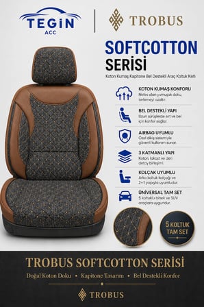 Peugeot 301 2012 ve Sonrası Araca Uyumlu Koton Kumaş Kapitone Bel Destekli Koltuk Kılıfı SoftCotton Serisi Taba