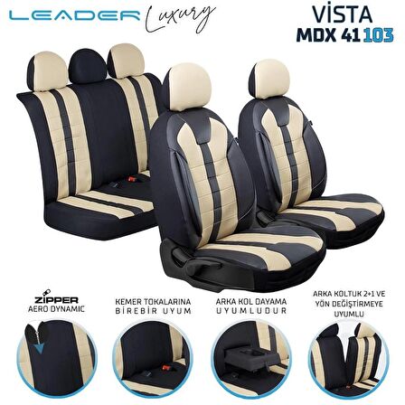 Opel Grandland X Uyumlu Deri Detaylı Oto Koltuk Kılıfı Ön Arka Set Vista Siyah Bej SC