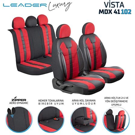 Opel Grandland X Uyumlu Deri Detaylı Oto Koltuk Kılıfı Ön Arka Set Vista Siyah Kırmızı SC