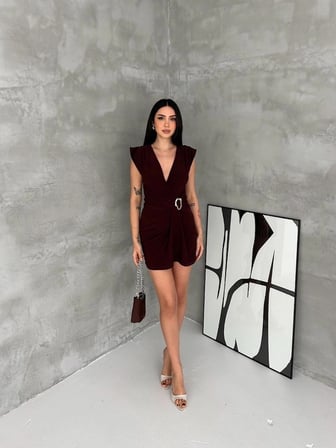 Kadın Kruvaze Drapeli Tokalı Mini Elbise Şık Gece Davet Abiye - Kahverengi