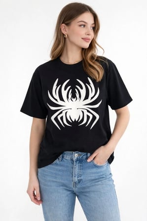 Kadın Örümcek Baskılı Tişört Kısa Kollu Bisiklet Yaka T-Shirt - Siyah