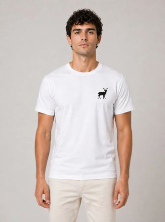 Erkek Minimal Geyik Logolu Tişört Bisiklet Yaka Kısa kol Yazlık T-Shirt - Beyaz