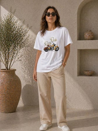 Kadın Motosiklet Baskılı Tişört Bisiklet Yaka Kısa Kol Yazlık T-Shirt - Beyaz