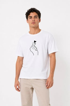 Erkek Kore Parmak Kalp Aşk Temalı Minimal Baskılı Tişört Yazlık Kısa Kol T-Shirt - Beyaz
