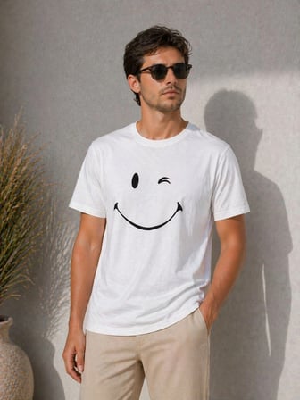 Erkek Minimal Gülümseyen Yüz Baskılı Tişört Kısa Kol Yazlık T-Shirt - Beyaz