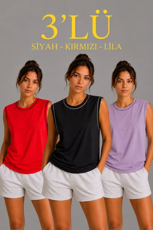 Kadın 3’lü Kolsuz Sporcu Atlet Seti Yazlık Bisiklet Yaka - Siyah, Kırmızı, Lila