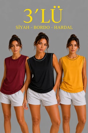 Kadın 3’lü Kolsuz Sporcu Atlet Seti Yazlık Bisiklet Yaka - Siyah, Bordo, Hardal