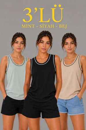 Kadın 3’lü Kolsuz Sporcu Atlet Seti Yazlık Bisiklet Yakalı - Mint Yeşili, Siyah, Bej