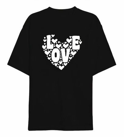 14 Şubat Sevgililer Günü Love Kalp Baskılı Oversize Bisiklet Yaka T-shirt - Siyah