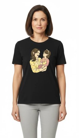 Anneler Günü Hediye Anne Kız Temalı Baskılı Oversize Bisiklet Yaka T-shirt - Siyah