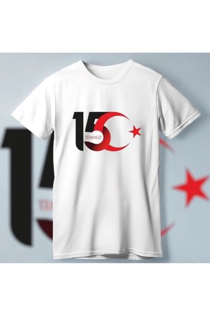 15 Temmuz Demokrasi ve Milli Birlik Günü Ay Yıldız Baskılı T-shirt - Beyaz