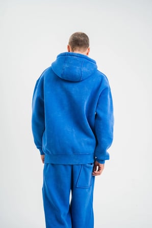 ERKEK 3 İplik Pamuklu Oversize Kapüşonlu Yıkamalı Hoodie SweatShirt - Mavi