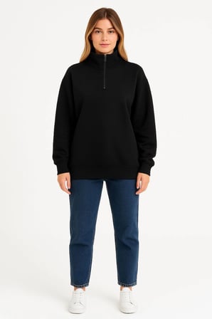 Kadın 3 İplik Pamuklu Dık Yaka Yarım Fermuarlı SweatShirt - Siyah
