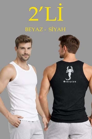 Erkek Spor Slimfit Fitilli Kaşkorse Arka Basklı Atlet 2'li Set Siyah-Beyaz