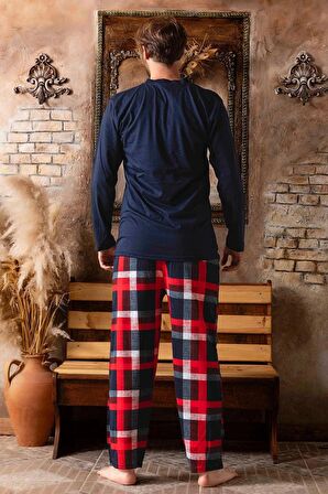 Uzun Kollu  Düğmeli Erkek Ekose Pijama Takımı Lukitus