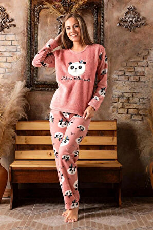 Lukitus Panda Desen Peluş Polar Kadın Pijama Takımı