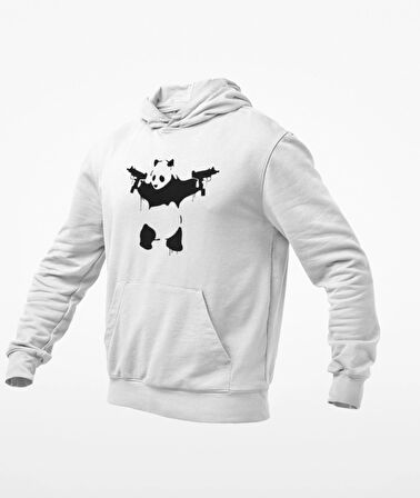 Elinde tarayıcı silahlar olan panda baskılı kapüşonlu sweatshirt