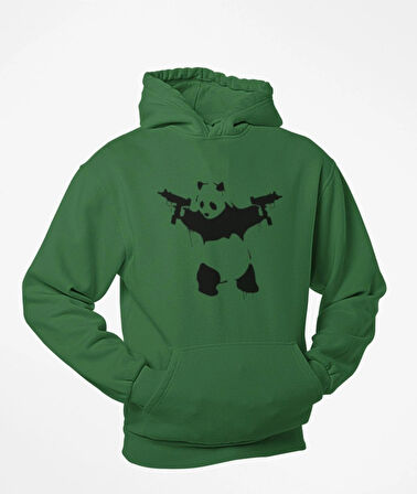 Elinde tarayıcı silahlar olan panda baskılı kapüşonlu sweatshirt