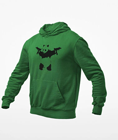 Elinde tarayıcı silahlar olan panda baskılı kapüşonlu sweatshirt
