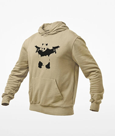 Elinde tarayıcı silahlar olan panda baskılı kapüşonlu sweatshirt