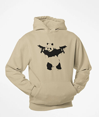 Elinde tarayıcı silahlar olan panda baskılı kapüşonlu sweatshirt