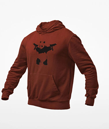 Elinde tarayıcı silahlar olan panda baskılı kapüşonlu sweatshirt