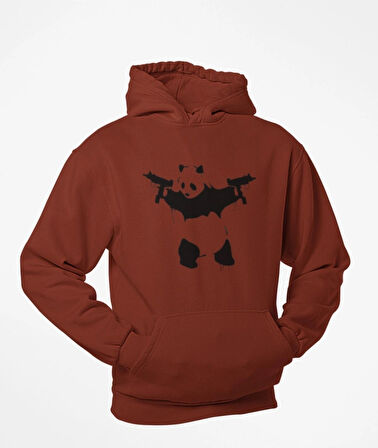 Elinde tarayıcı silahlar olan panda baskılı kapüşonlu sweatshirt