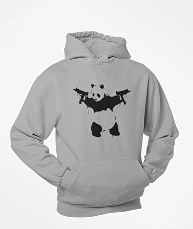 Elinde tarayıcı silahlar olan panda baskılı kapüşonlu sweatshirt