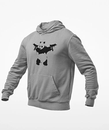 Elinde tarayıcı silahlar olan panda baskılı kapüşonlu sweatshirt