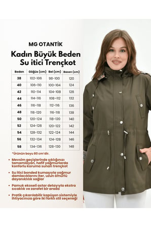 Kadın Suya Dayanıklı Büyük Beden Fermuarlı Kapüşonlu Pamuk Ekoseli Trençkot