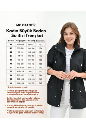 Kadın Suya Dayanıklı Büyük Beden Fermuarlı Kapüşonlu Pamuk Ekoseli Trençkot