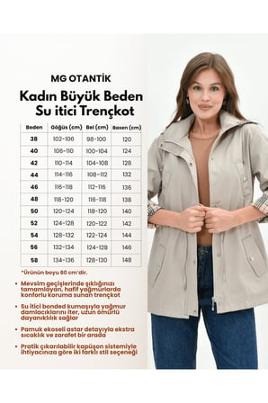 Kadın Suya Dayanıklı Büyük Beden Fermuarlı Kapüşonlu Pamuk Ekoseli Trençkot