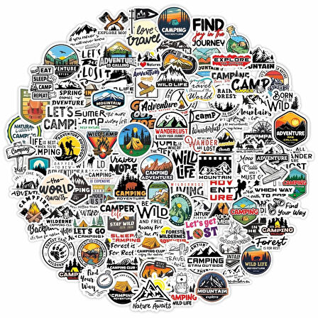 Kamp Temalı Camping Outdoor Adventure Sticker Seti (5CM - 100 ADET)